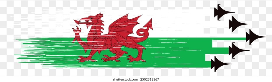 Wales flag with military fighter jets isolated background. vector illustration