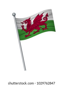 Wales flag on the flagpole. Official colors and proportion correctly. waving of Wales flag on flagpole, vector illustration isolate on white background.