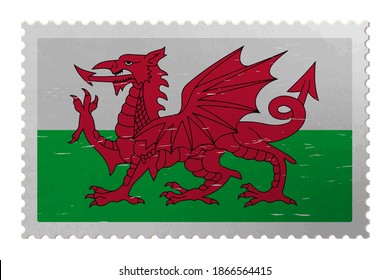 Wales flag on shabby postage stamp, vector