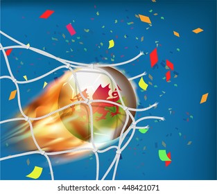 Wales flag on soccer ball goes through the net of goal with confetti in vector illustration, design for score in football with powerful shooting as a fire