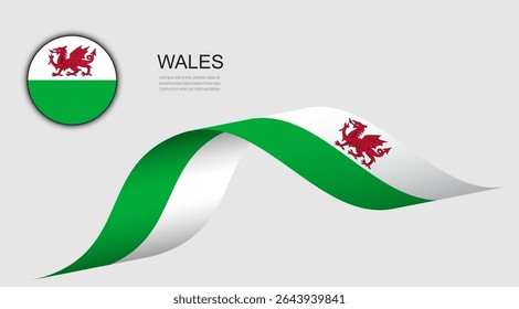 Bandeira de Gales na fita ondulante e botão de círculo, Bandeiras galesas ilustração de design vetorial.