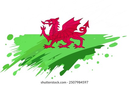 Wales flag painted with Grunge brush stroke, watercolor flag style.