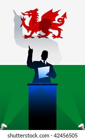 Wales  flag with political speaker behind a podium  Original vector illustration. Ideal for national pride concepts.