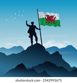 Wales Flag raised on a mountain peak with clear sky in the background, vector illustration