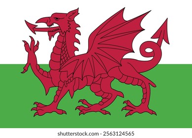 Wales flag, red dragon on the white and green, vector illustration