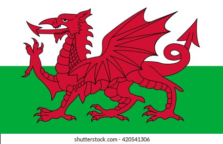 Wales flag, red dragon on the white and green, vector illustration
