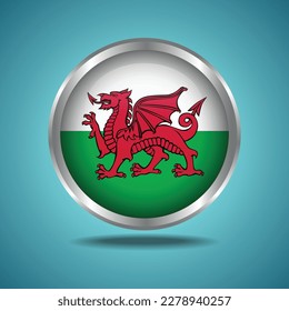 The Wales flag. Round glossy. Silver frame. Isolated on color gradient background