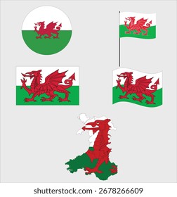 Wales flag set, flag in different design, Wales map set