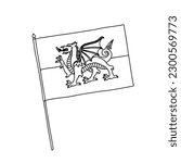 Wales flag vector, outline illustration. Vector black and white hand drawn flag.