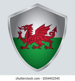 Wales Flag Vector Shield Icon. Europe. vector illustration. vector shadow. gray background. 3d. eps10.