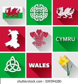 Wales Flat Icon Set. Vector graphic flat icon images of landmarks and symbols representing Wales.