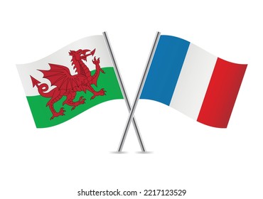 Wales and France crossed flags. Welsh and French flags, isolated on white background. Vector icon set. Vector illustration.