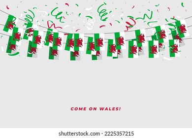 Wales garland flag with confetti on white background, Hang bunting for Wales celebration template banner.