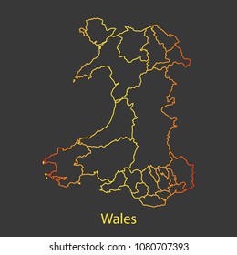 Wales gradient outline,stroke of map with administrative division. Modern line style vector illustration