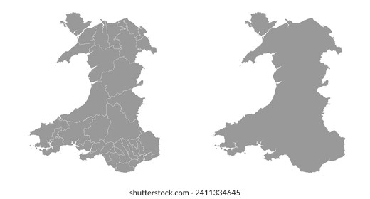 Mapa gris de Gales con distritos. Ilustración vectorial.
