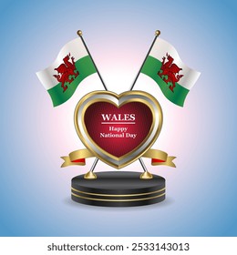 Wales Happy National Day small table flag with Golden Heart