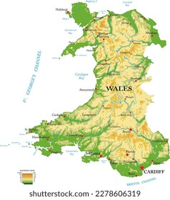 Mapa físico altamente detallado de Gales