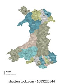 2 Administrative Map Of Wales With Districts And Cities Name, Colored ...