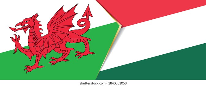 Wales and Hungary flags, two vector flags symbol of relationship or confrontation.