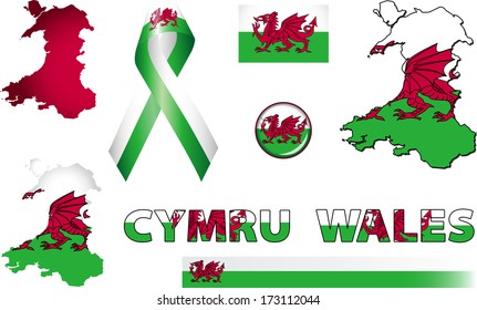 Wales Icons. Set of vector graphic images and symbols representing Wales. The text says 'Wales' in Welsh.