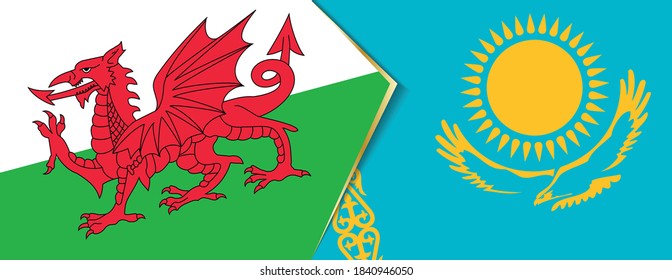 Wales and Kazakhstan flags, two vector flags symbol of relationship or confrontation.