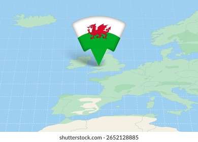 Wales Location Highlighted on Map with Flag Icon. Detailed Vector Design.