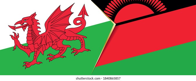 Wales and Malawi flags, two vector flags symbol of relationship or confrontation.
