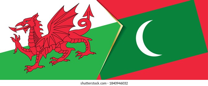 Wales and Maldives flags, two vector flags symbol of relationship or confrontation.