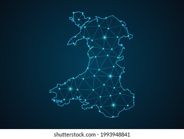 Wales map Abstract mash line and point scales on dark background. Wire Frame 3D mesh polygonal network line. Network line, design sphere, dot and structure vector.