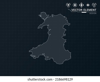 Wales map of black digital frame HUD, GUI, UI interface technology radar vector.