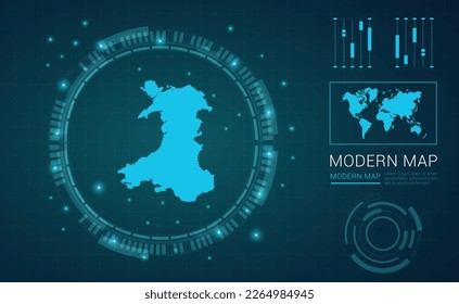 Wales map of blue digital frame Futuristic Sci Fi Modern User vector HUD, GUI, UI interface.