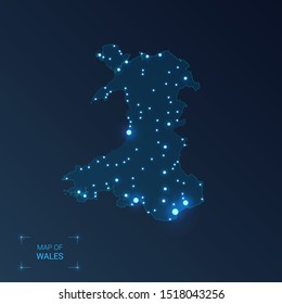 Wales map with cities. Luminous dots - neon lights on dark background. Vector illustration.