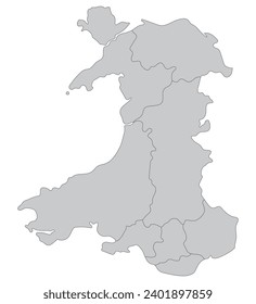 Wales map. Map of Wales divided in main regions in grey color 