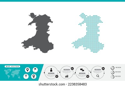 Mapa de puntos grises y verdes de Gales para presentación. Establece el concepto creativo de un par de píxeles para infografía.