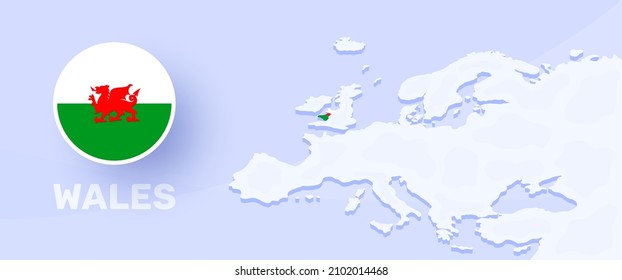 wales map flag banner. Vector illustration with a map of Europe and highlighted country with national flag