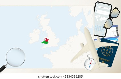 Wales map and flag, cargo plane on the detailed map of Wales with flag, passport, magnifying glass and airplane. Vector template.
