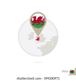 Wales map and flag in circle. Map of Wales, Wales flag pin. Map of Wales in the style of the globe. Vector Illustration.