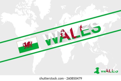 Wales map flag and text illustration, on world map