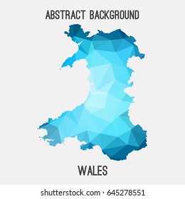 Wales map in geometric polygonal, mosaic style in blue shades.Abstract tessellation,modern design background,low poly. Vector illustration.