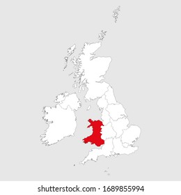Wales map highlighted red on united kingdom map. Light gray background. Perfect for Business concepts, backgrounds, backdrop, chart, label, sticker, banner and wallpapers.