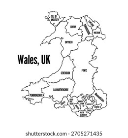 Mapa de Gales con regiones etiquetadas Ilustración vectorial