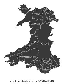 Wales Map labelled black illustration