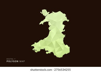 Wales Map - Low poly polygon map in soft light green gradient on dark brown background, modern minimal geometric style, clean abstract vector illustration design.