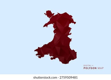 Wales Map - Low poly polygon map in deep red gradient on light blue background, modern minimal geometric design, vector illustration with faceted triangulated style.
