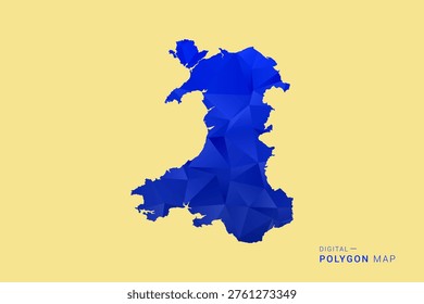 Wales Map - Low poly polygon map in deep blue gradient on soft beige background, modern minimal geometric design, clean abstract vector illustration with faceted triangulated style.