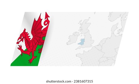 Mapa de Gales en estilo moderno con bandera de Gales en el lado izquierdo. Ilustración vectorial de un mapa.