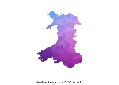 Wales Map - Polygon Style Vector Illustration in Blue and Purple Gradient, Low Poly Geometric Design, Isolated on White Background, Ideal for Infographics and Learning Materials.