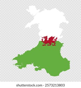 Wales map silhouette with flag.