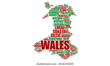 Wales map silhouette tag cloud illustration