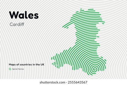 Wales Map in Spiral Formation: Cardiff Takes Center Stage. Fingerprint and stripes pattern. Maps of countries in the United Kingdom
